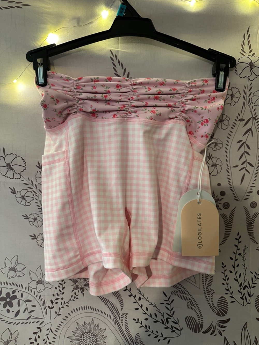 High-Waist Pink Gingham Shorts with Floral Waistband
